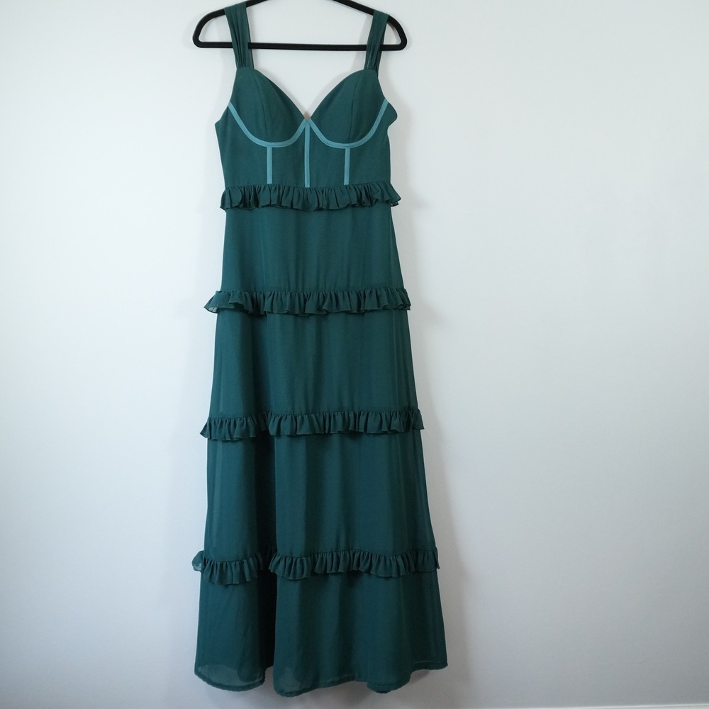 Revelry Sloane Chiffon Maxi Dress Green Ruffle Tiered Corset Bridesmaid Size 8